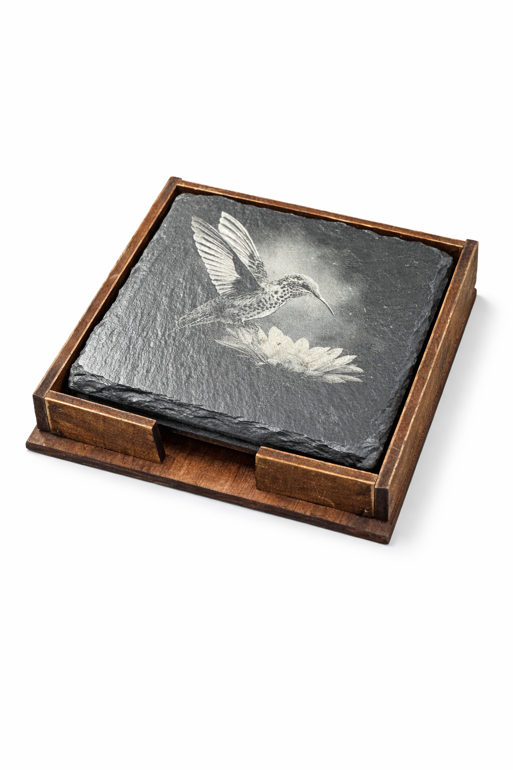 Engraved Slate Coasters, Hummingbird Design, Set of 4 w/ Stand