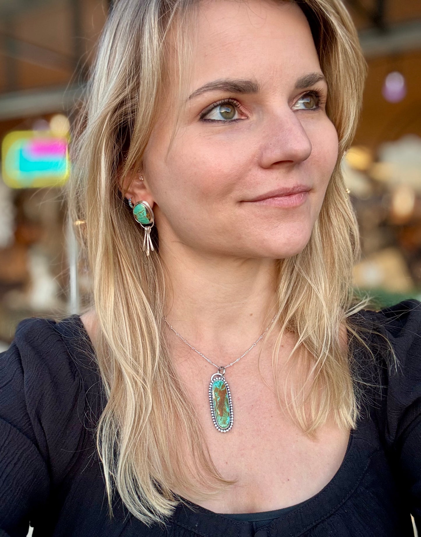 Long Tyrone turquoise beaded detail pendant