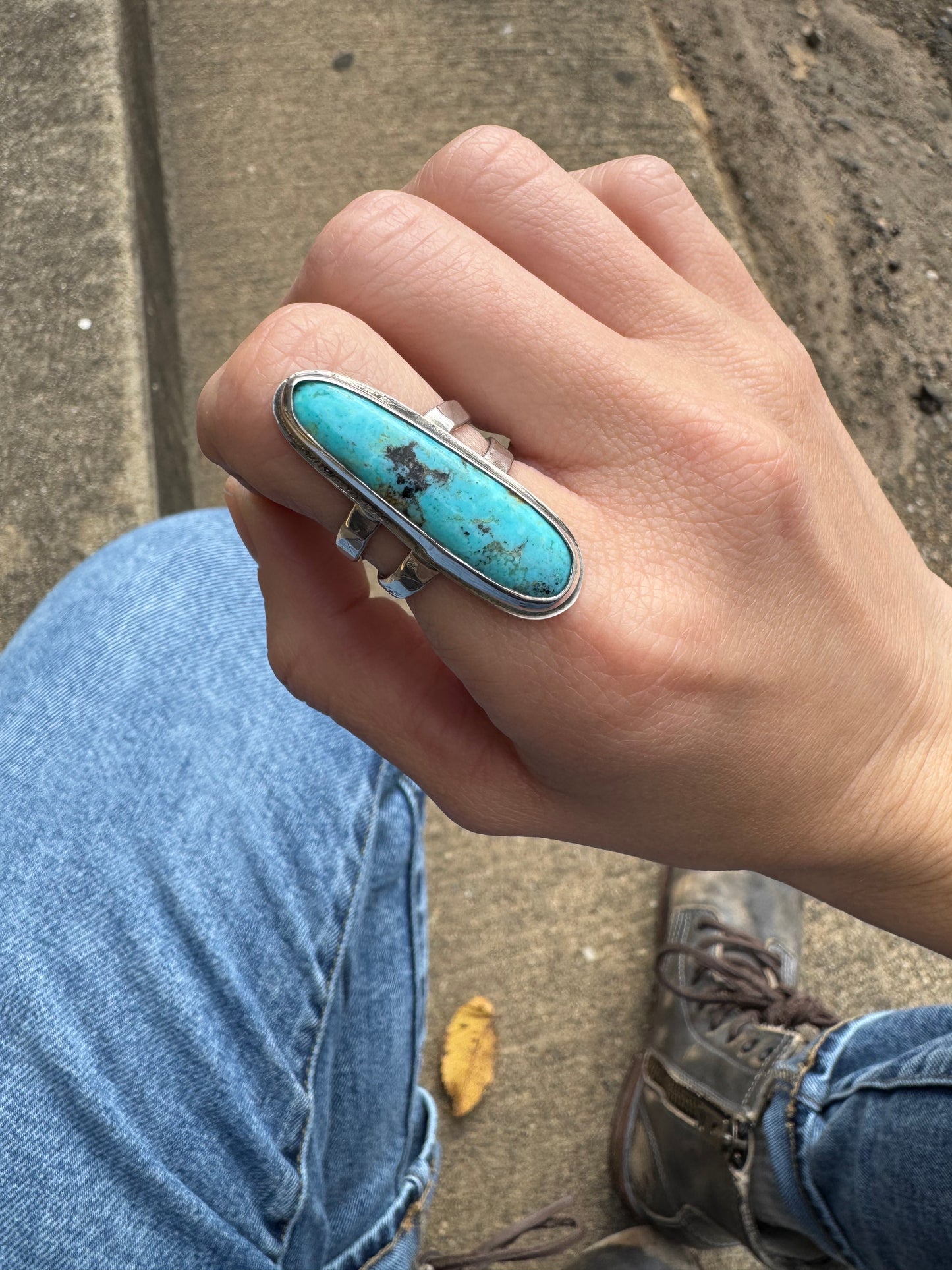 Long Kingman turquoise ring size 6.5