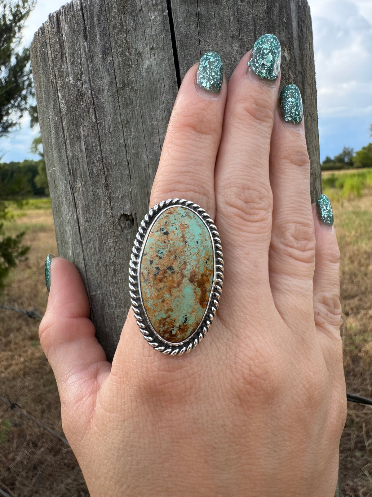 Speckled Tyrone Turquoise Statement Ring size 8