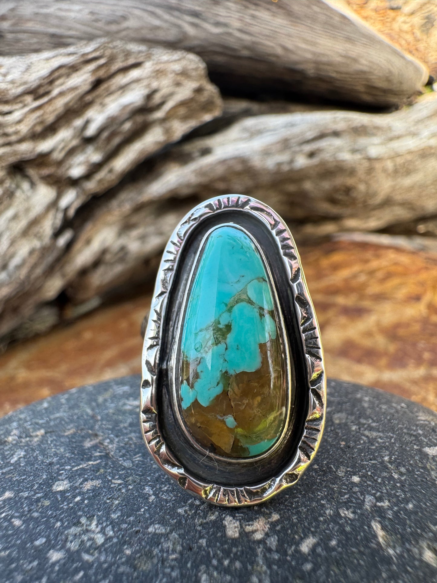 Hand stamped turquoise ring size 8