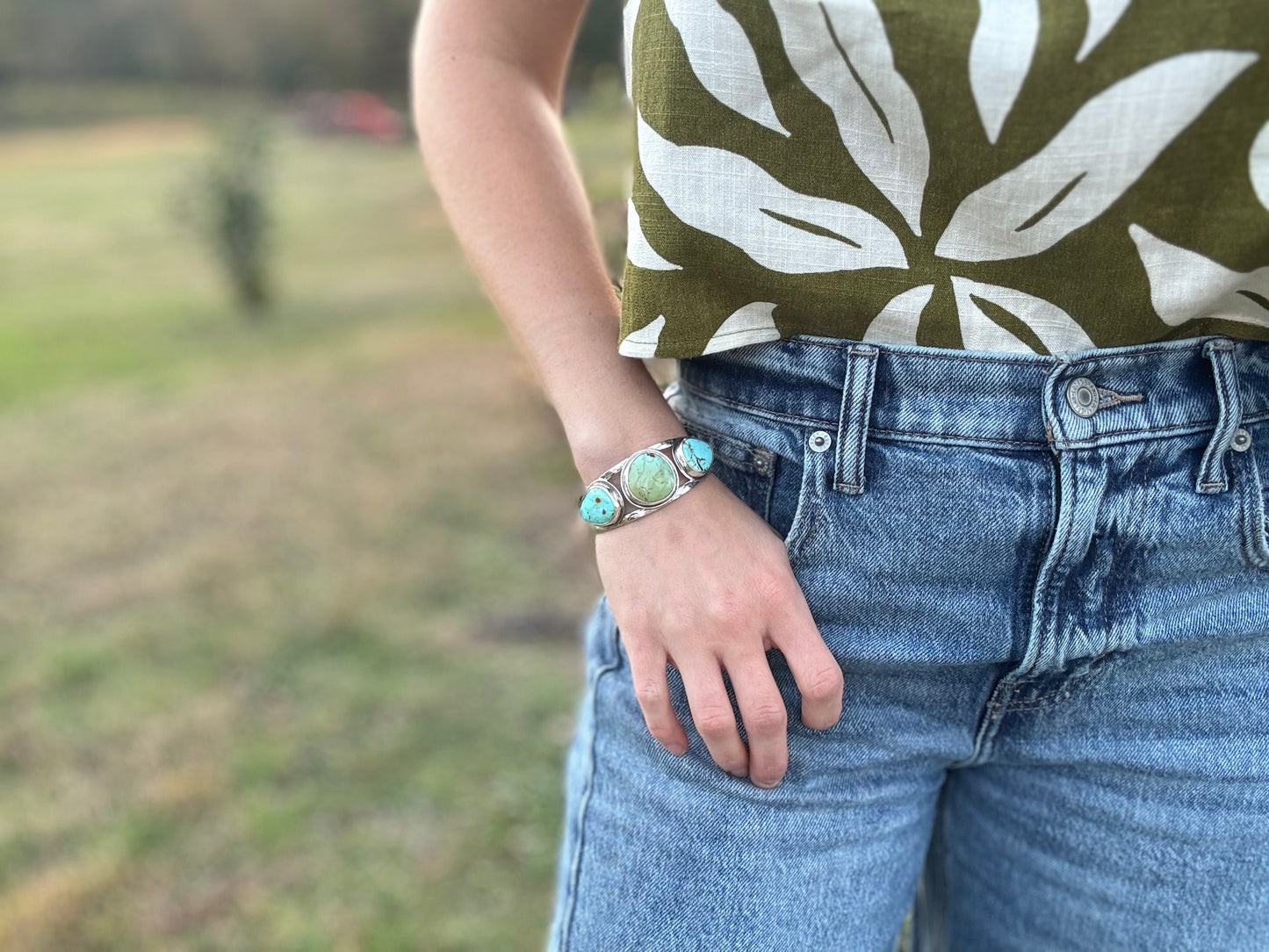 Three stone Tyrone turquoise cuff bracelet