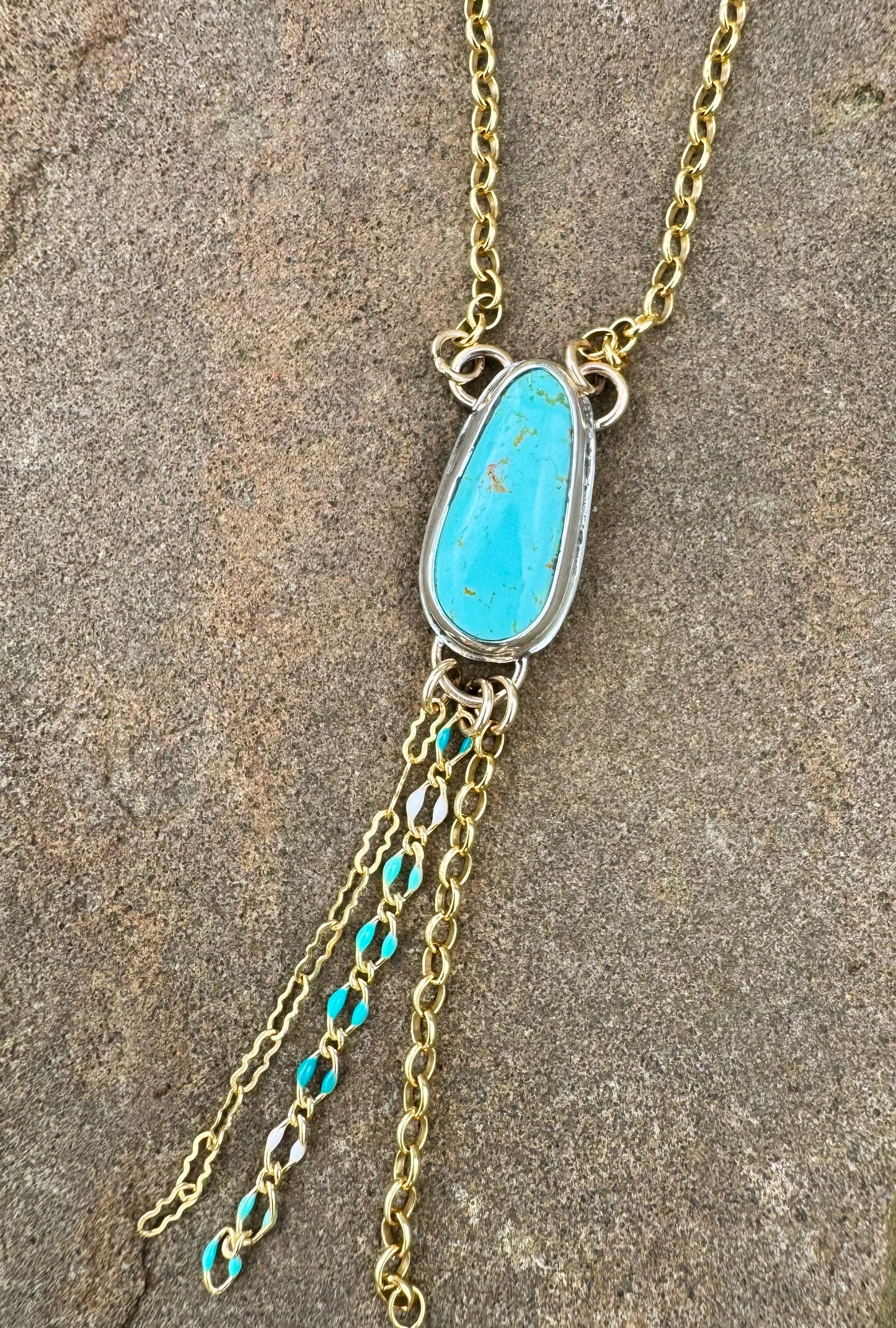 Yellow Gold Fill and sterling silver Turquoise Lariat Necklace