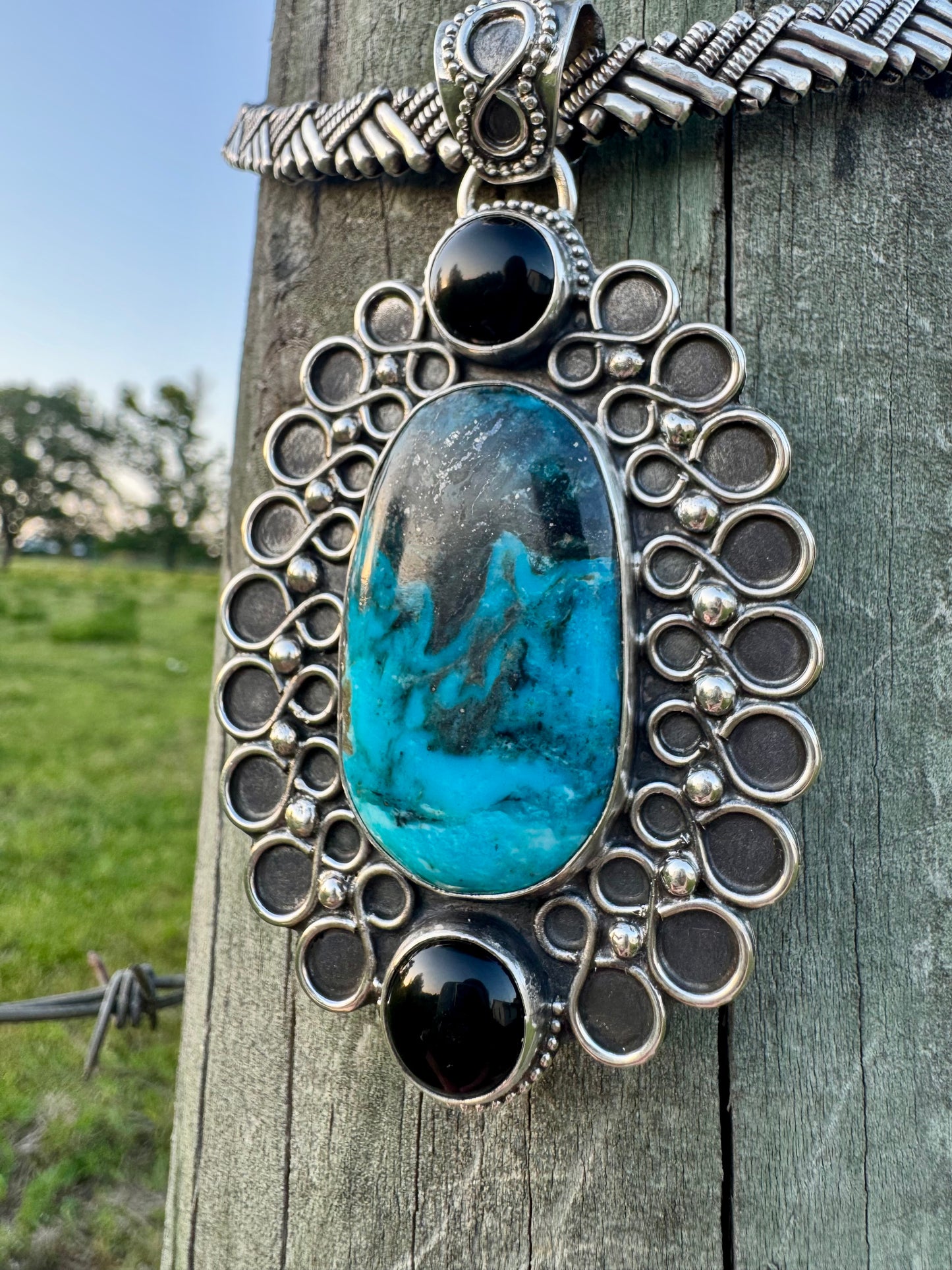 Blue Diamond Turquoise and Black Onyx Statement Pendant