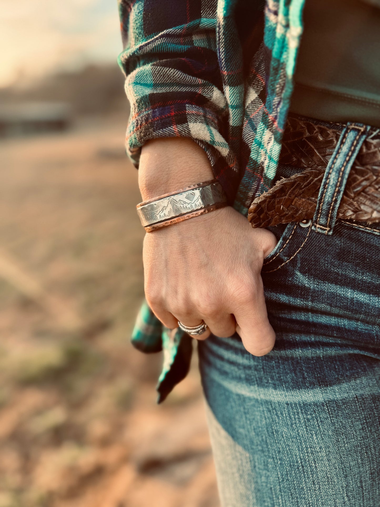 Sterling silver and Copper Mountain scene Cuff Bracelet