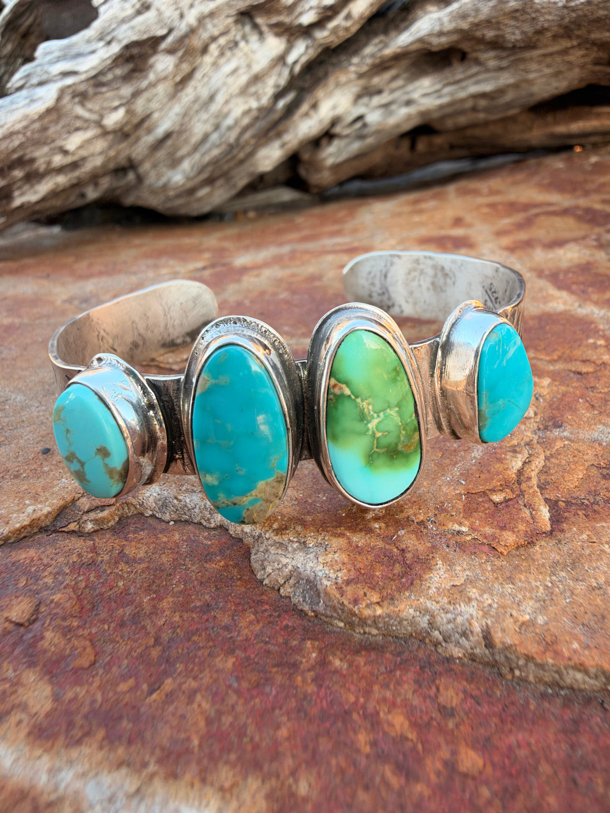 Sonoran Gold and Kingman Turquoise Navajo Stamped Cuff Bracelet