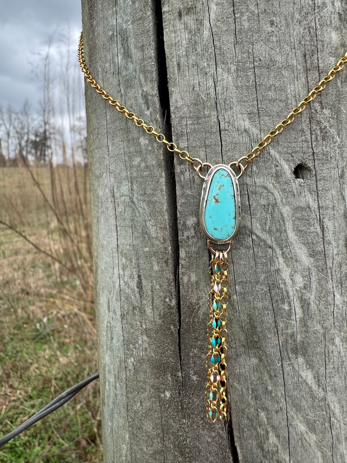 Yellow Gold Fill and sterling silver Turquoise Lariat Necklace