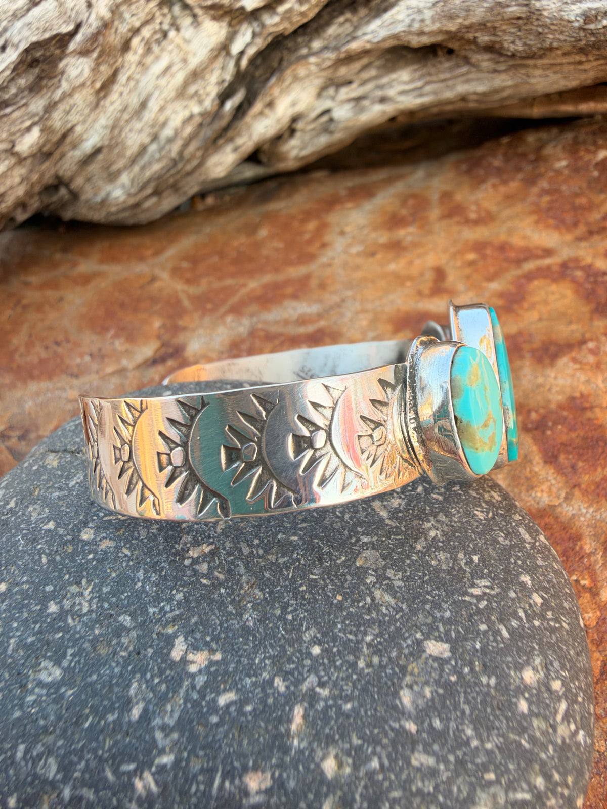 Sonoran Gold and Kingman Turquoise Navajo Stamped Cuff Bracelet