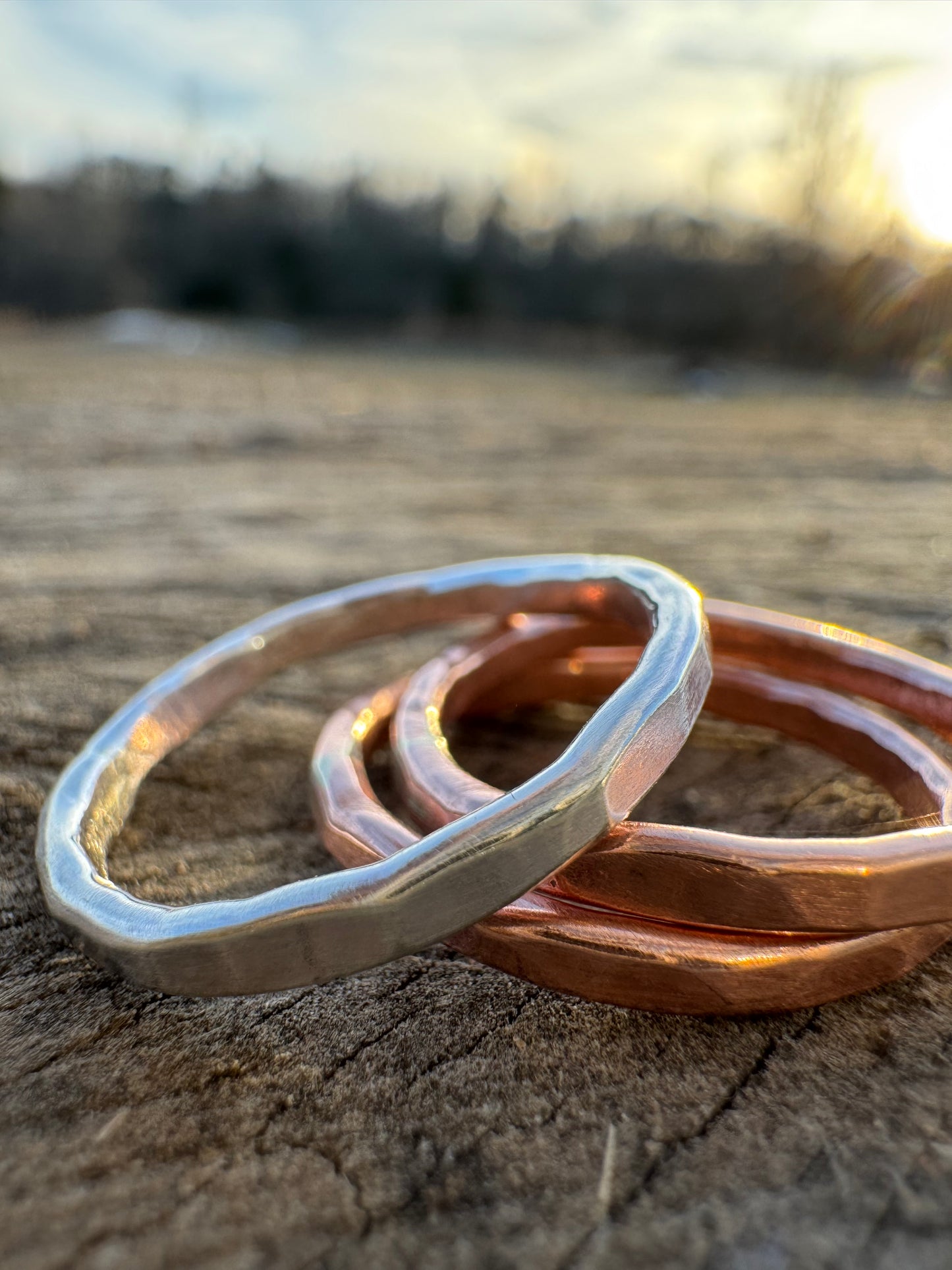 Hammered Sterling Silver and Copper stacker ring set