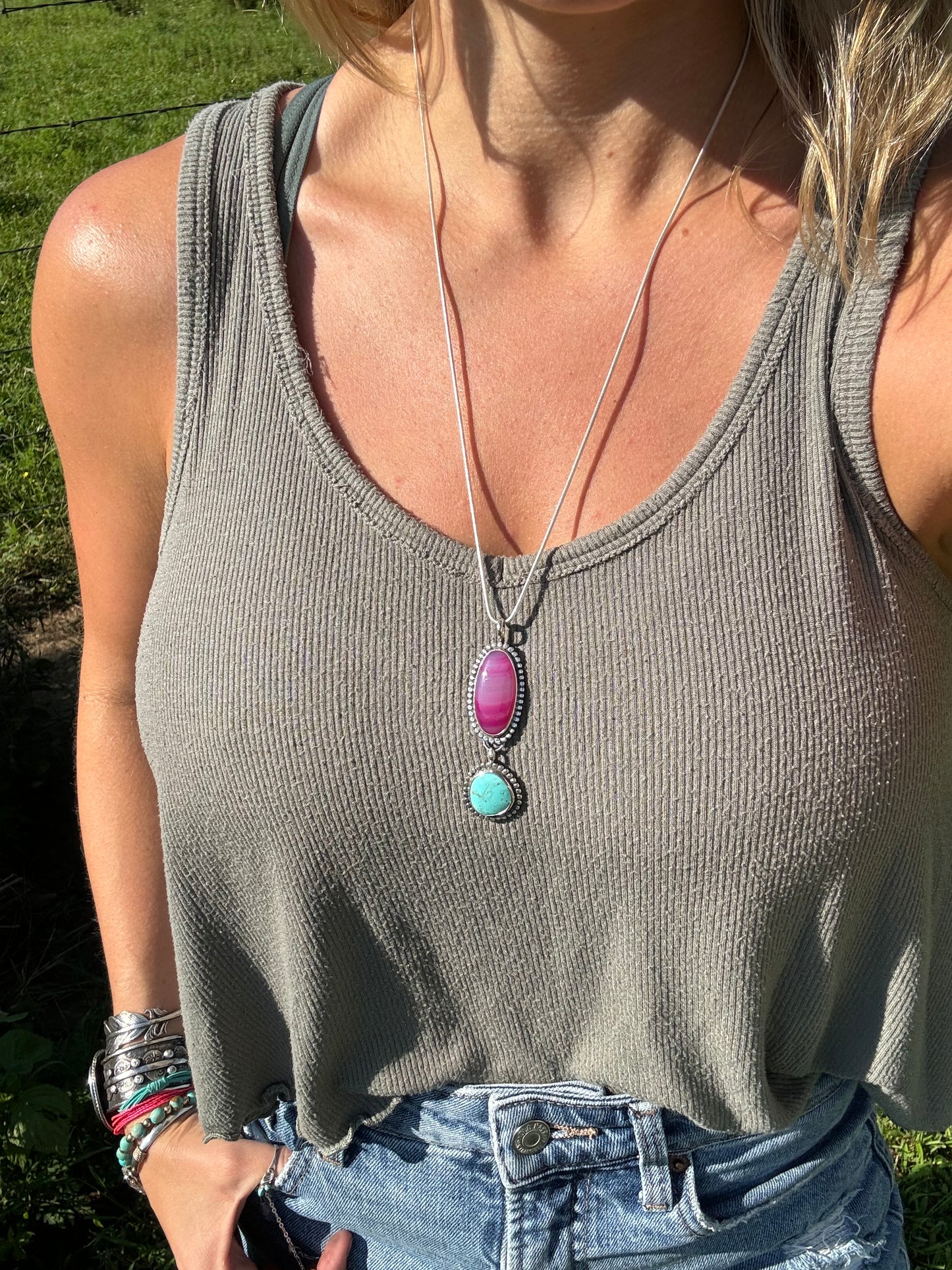 Pink agate and turquoise long pendant