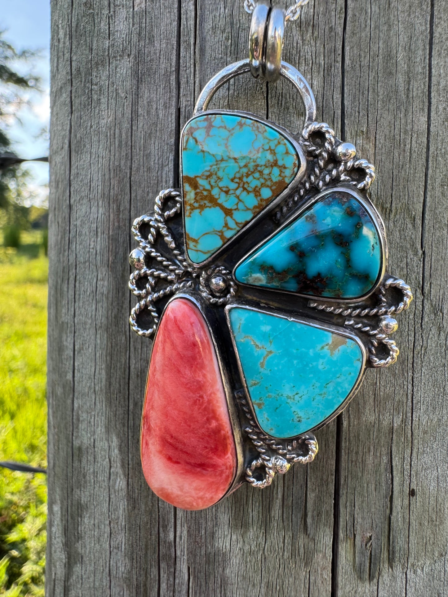 Blossom cluster Pendant with Turquoise and Spiny oyster shell
