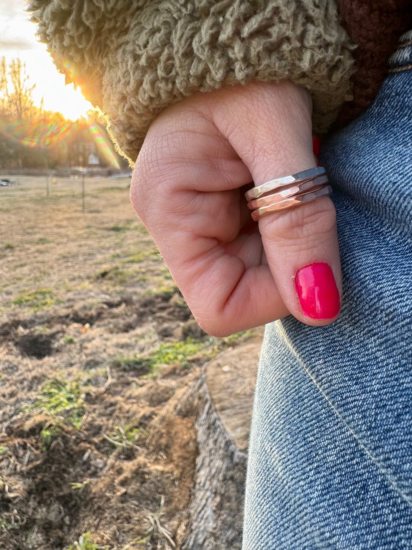 Hammered Sterling Silver and Copper stacker ring set
