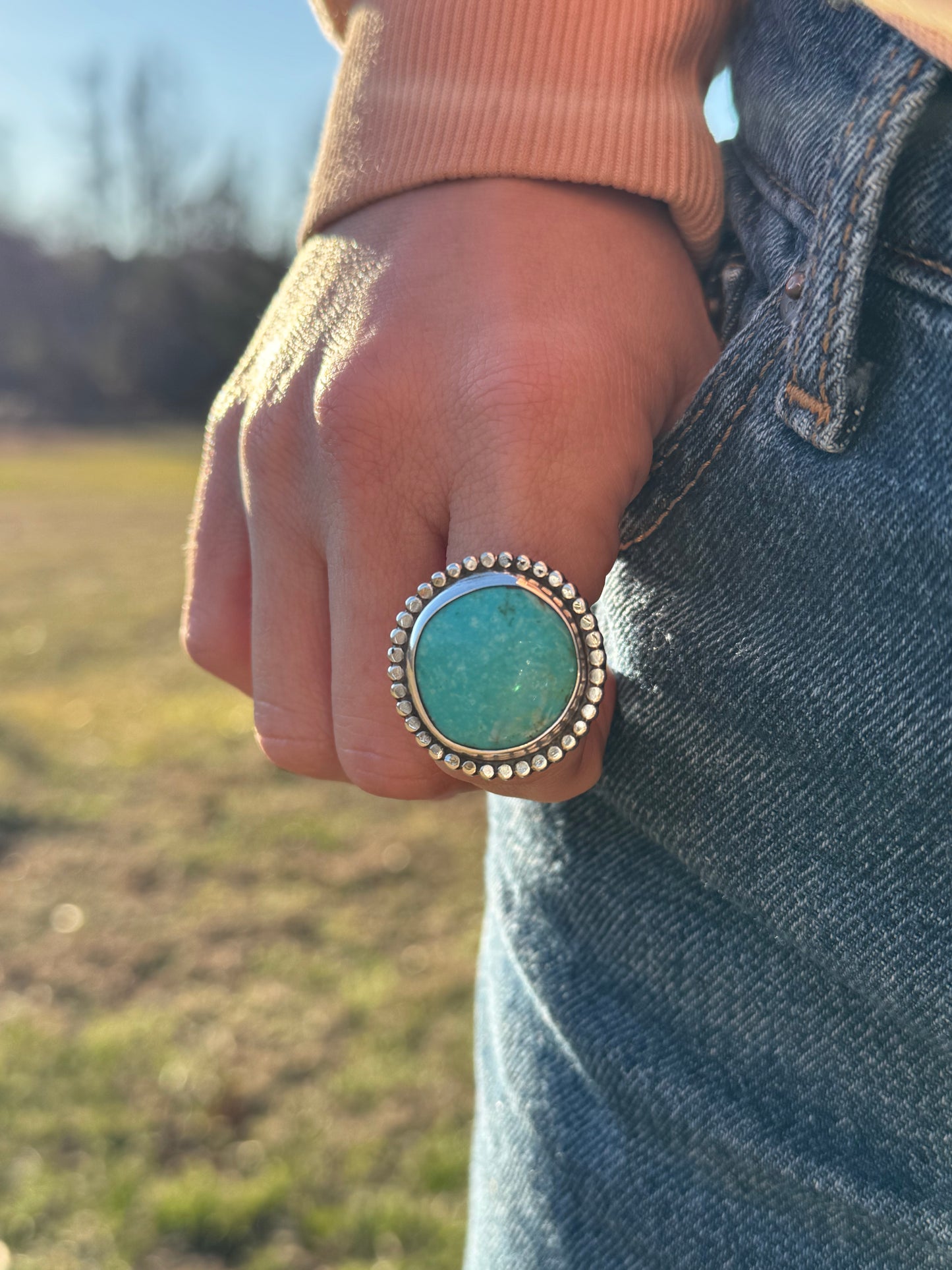 Round blue Tyrone Turquoise Ring size 9