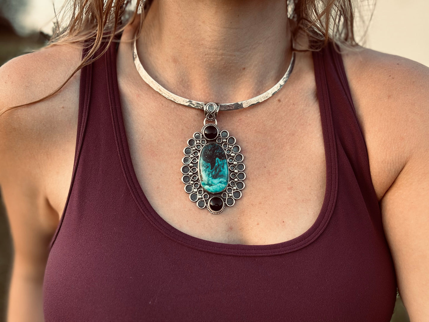 Blue Diamond Turquoise and Black Onyx Statement Pendant