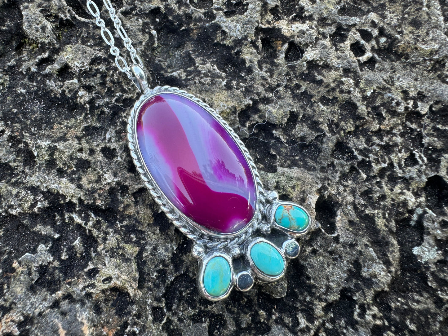 Fuchsia pink agate and turquoise pendant