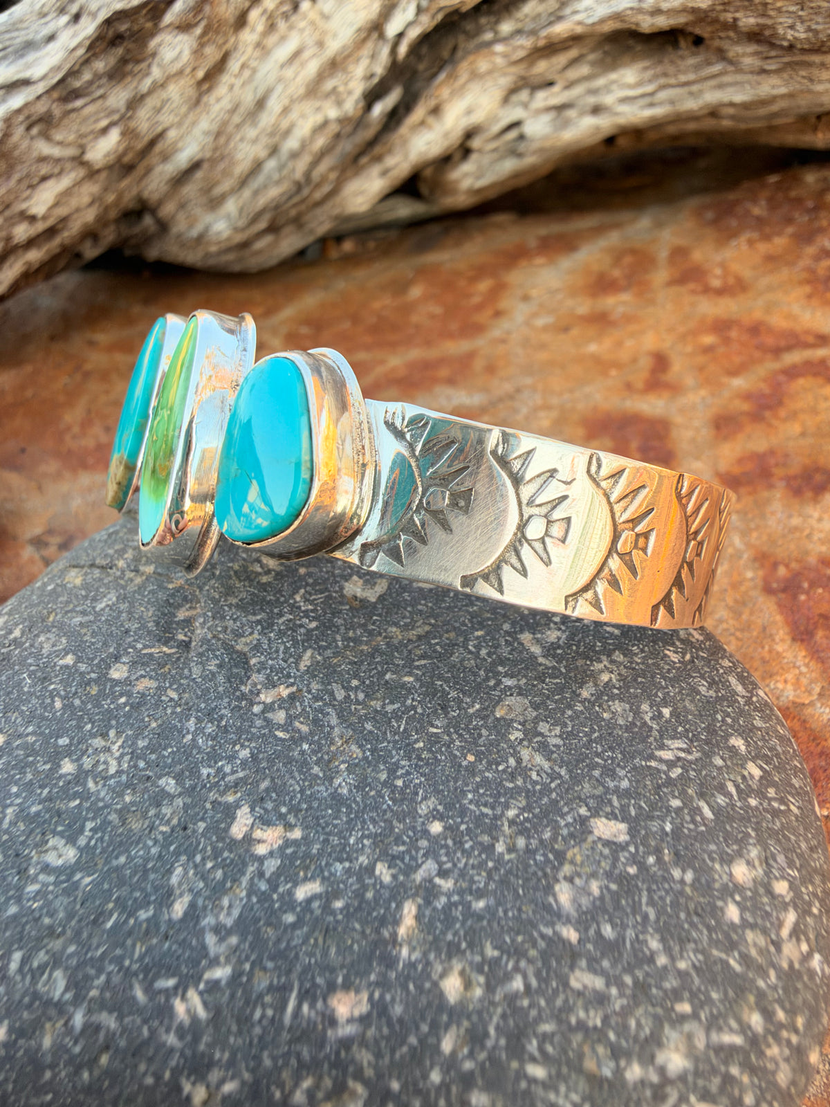 Sonoran Gold and Kingman Turquoise Navajo Stamped Cuff Bracelet