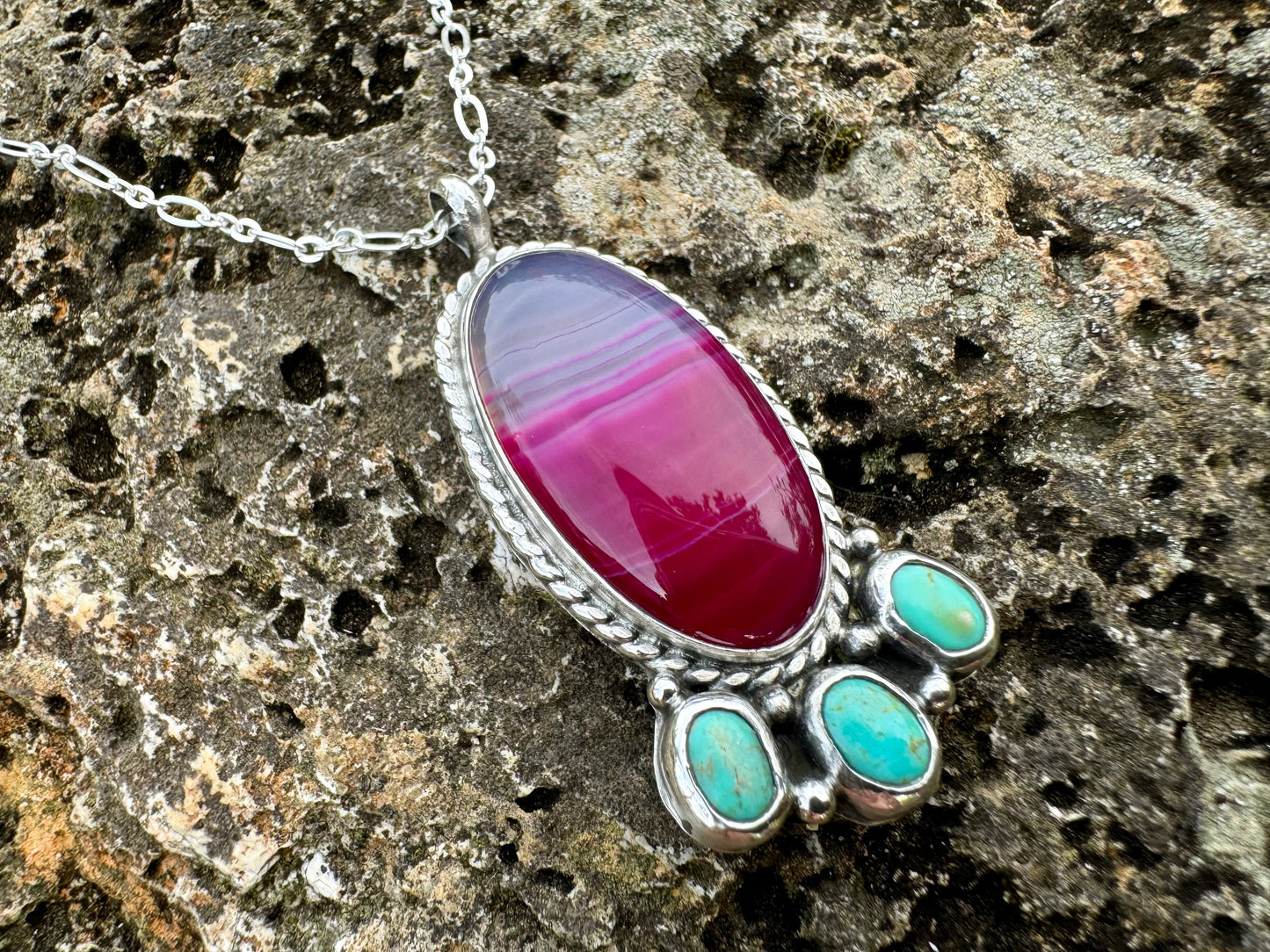 Fuchsia pink agate and turquoise pendant