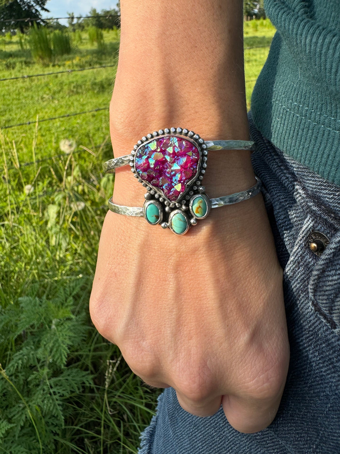 Pink Druse and turquoise cuff bracelet