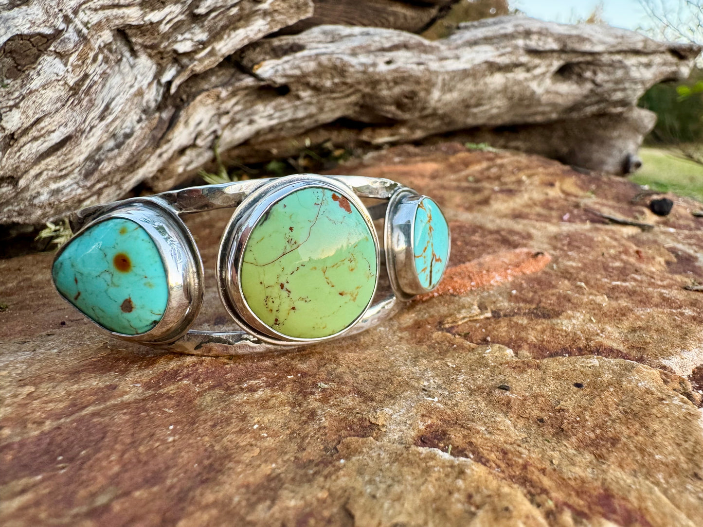 Three stone Tyrone turquoise cuff bracelet
