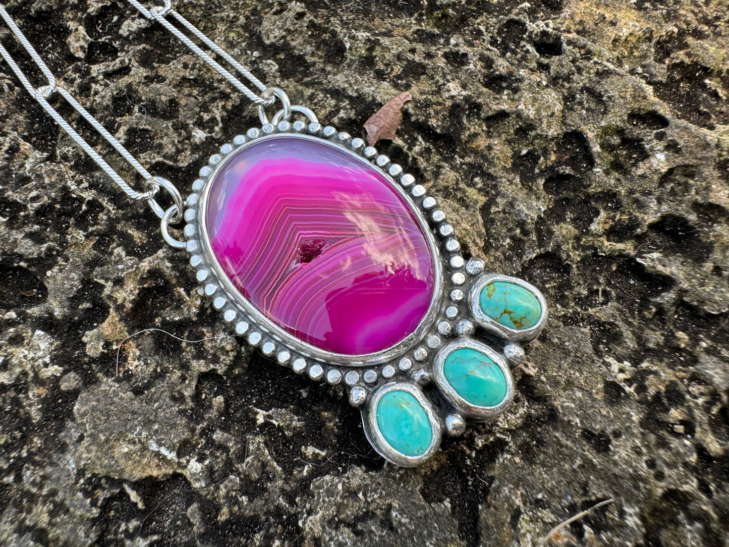 Fuchsia Pink Banded Agate with druse station necklace