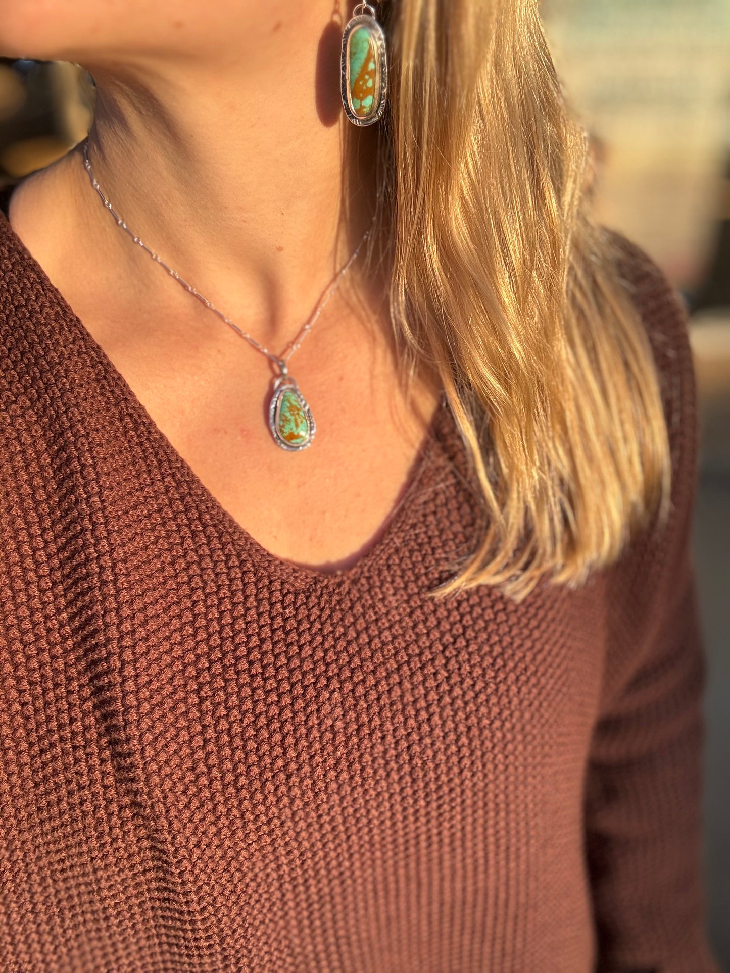 Shadowbox stamped turquoise pendant