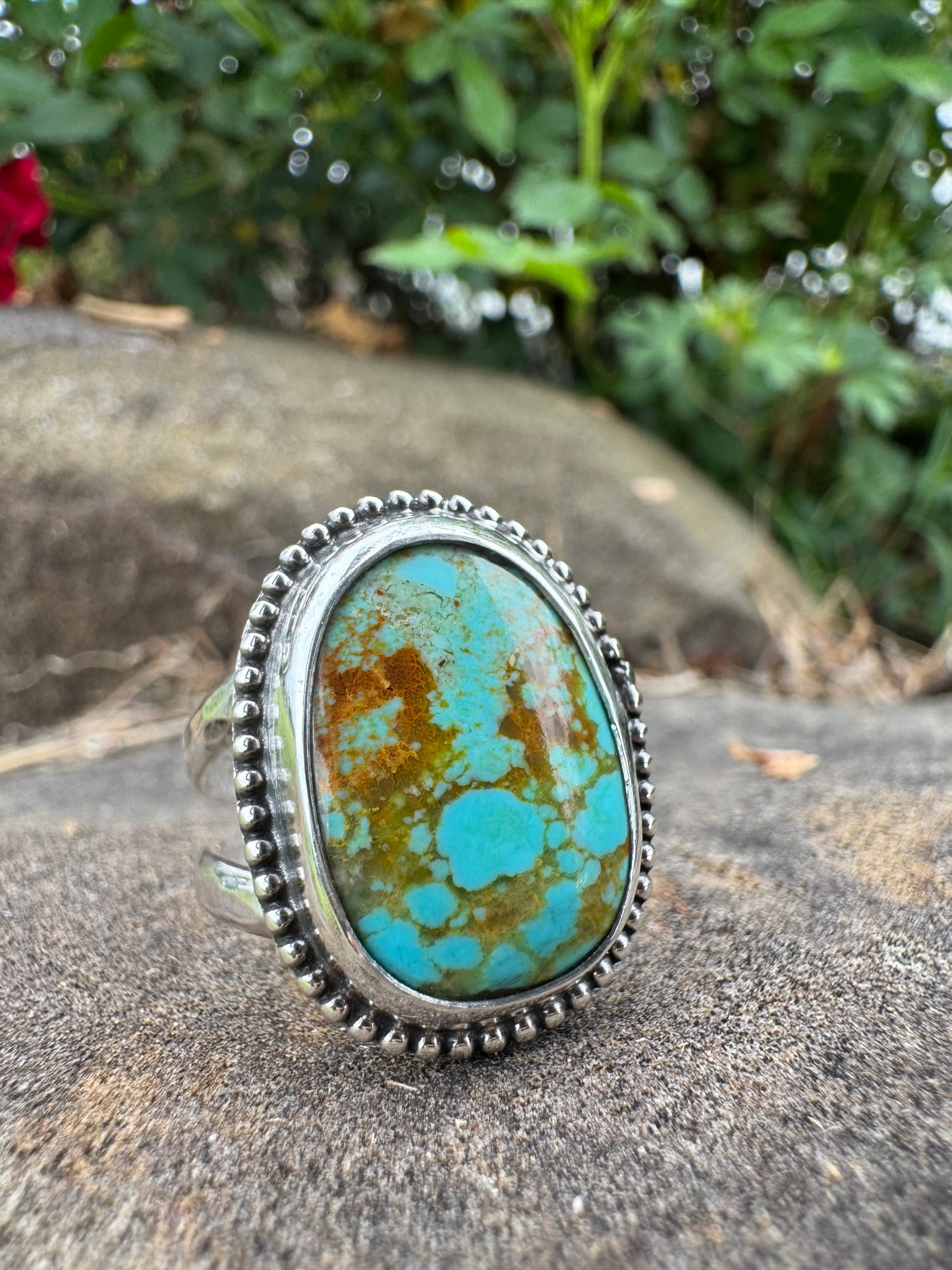 Beaded detail Brown Matrix Tyrone turquoise ring size 7.5
