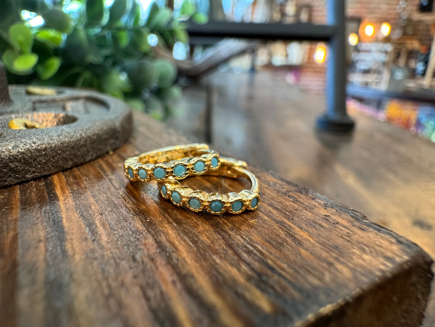 Turquoise and 14k gold plated Huggie hoops 12mm