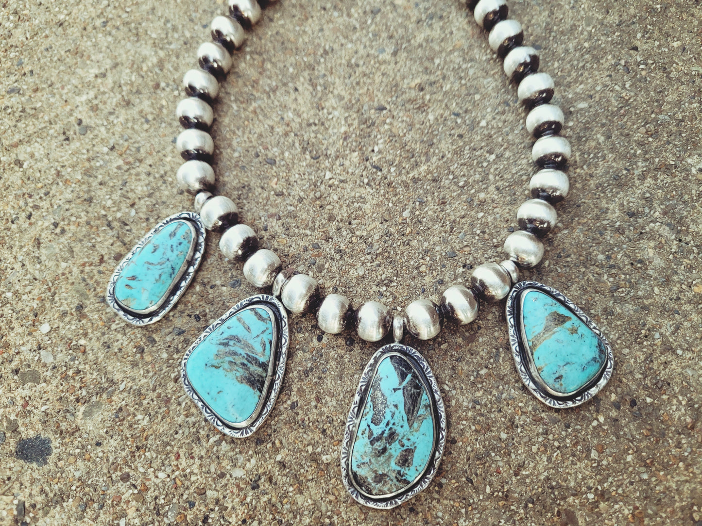 Smoky Blue Kingman turquoise Navajo pearl necklace