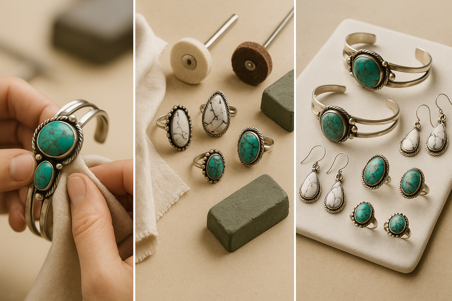 Similar color tone and palette but use less commercially produced jewelry. Use sterling silver and turquoise, sterling and white buffalo, and sterling with nugget turquoise. Vary jewelry between bracelets, rings, and earrings. 